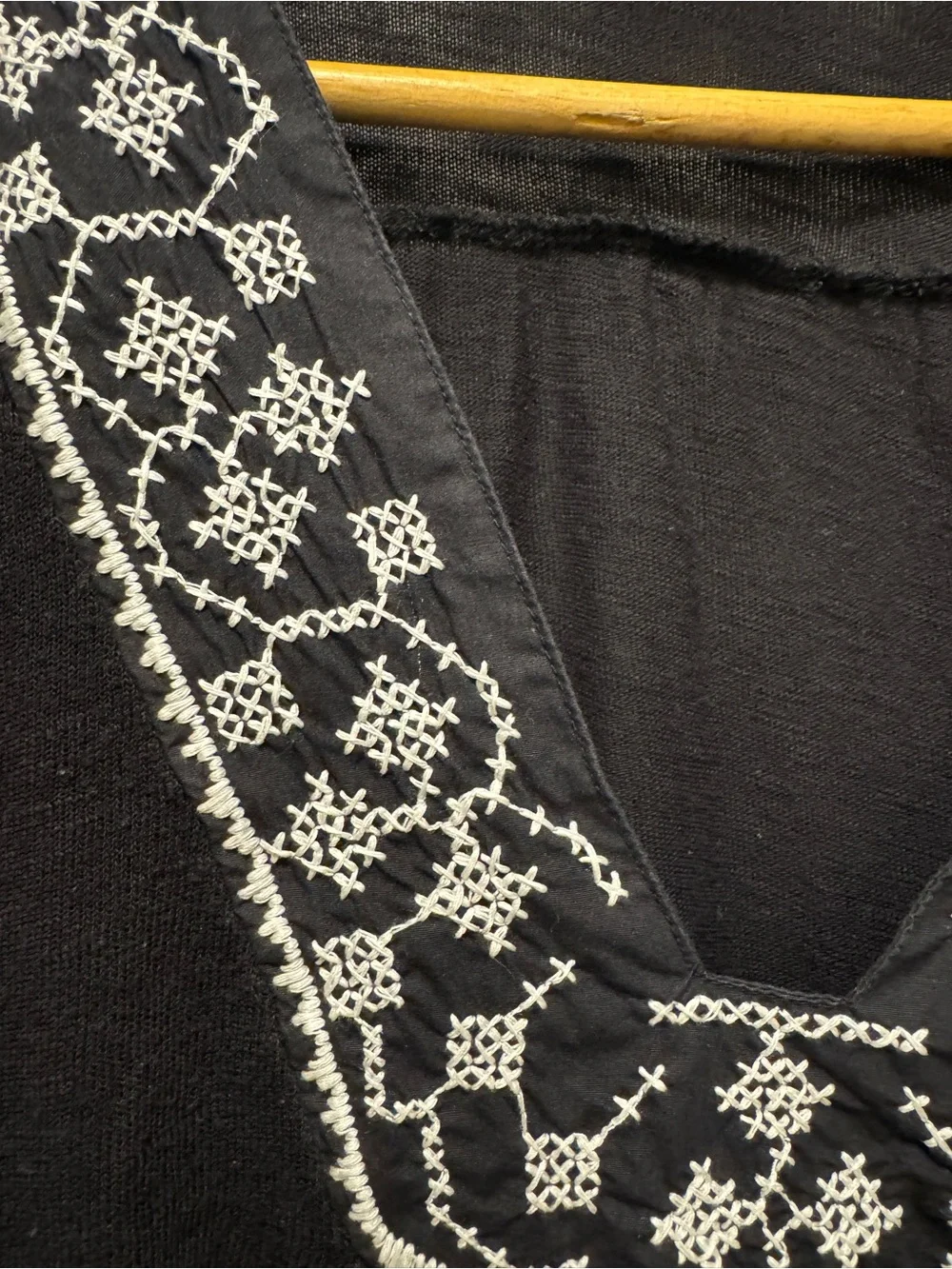 Anthropologie Black Puff-Sleeve V-neck Top with White Cross-stitch Embroidery S
